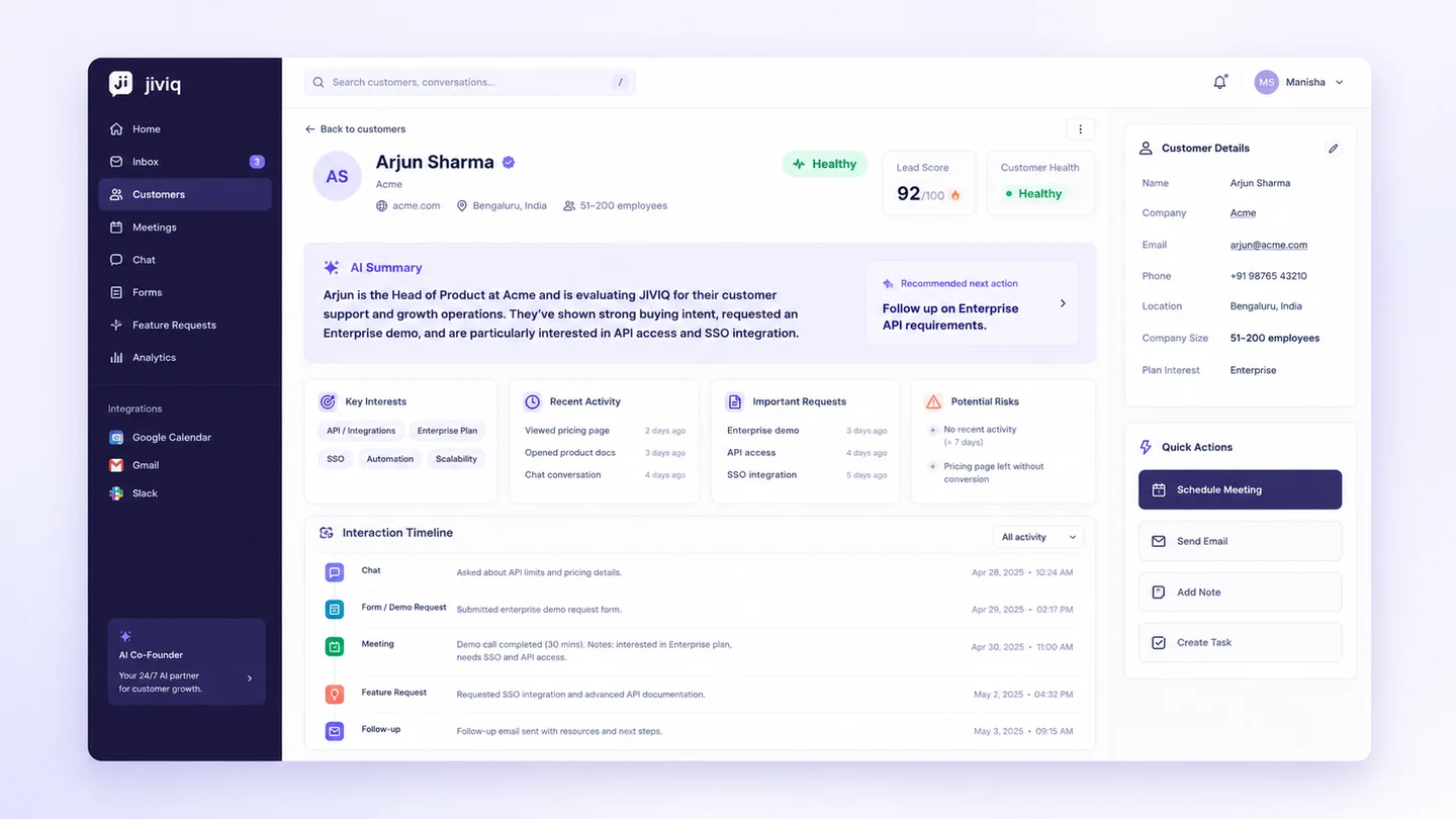 JIVIQ AI Customer Summary Card showing customer intelligence, lead score, health status, key interests, recent activity, important requests, potential risks, and recommended next action