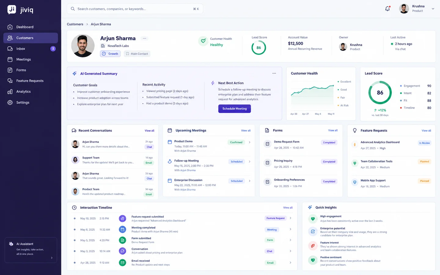 JIVIQ Customer 360 unified dashboard displaying customer profile, health score, AI generated summary, upcoming meetings, forms, feature requests, and complete interaction timeline